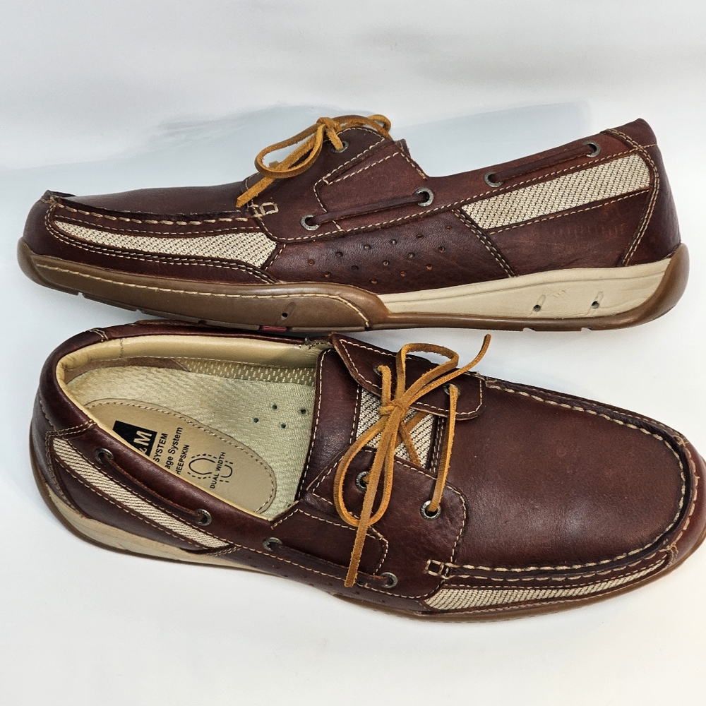 Johnston and Murphy XC4 Waterproof Brown Two Eye Sheepskin Boat Shoes, EUC, sz11